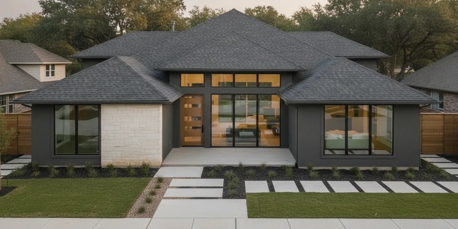 Architectural asphalt shingles on a Texas home roof viewed from the front yard