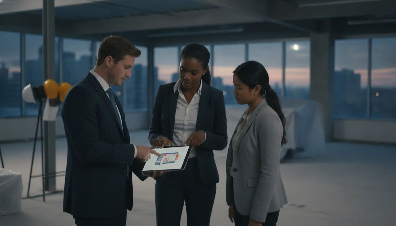 Three professionals review a commercial property inspection report on a tablet in an office.