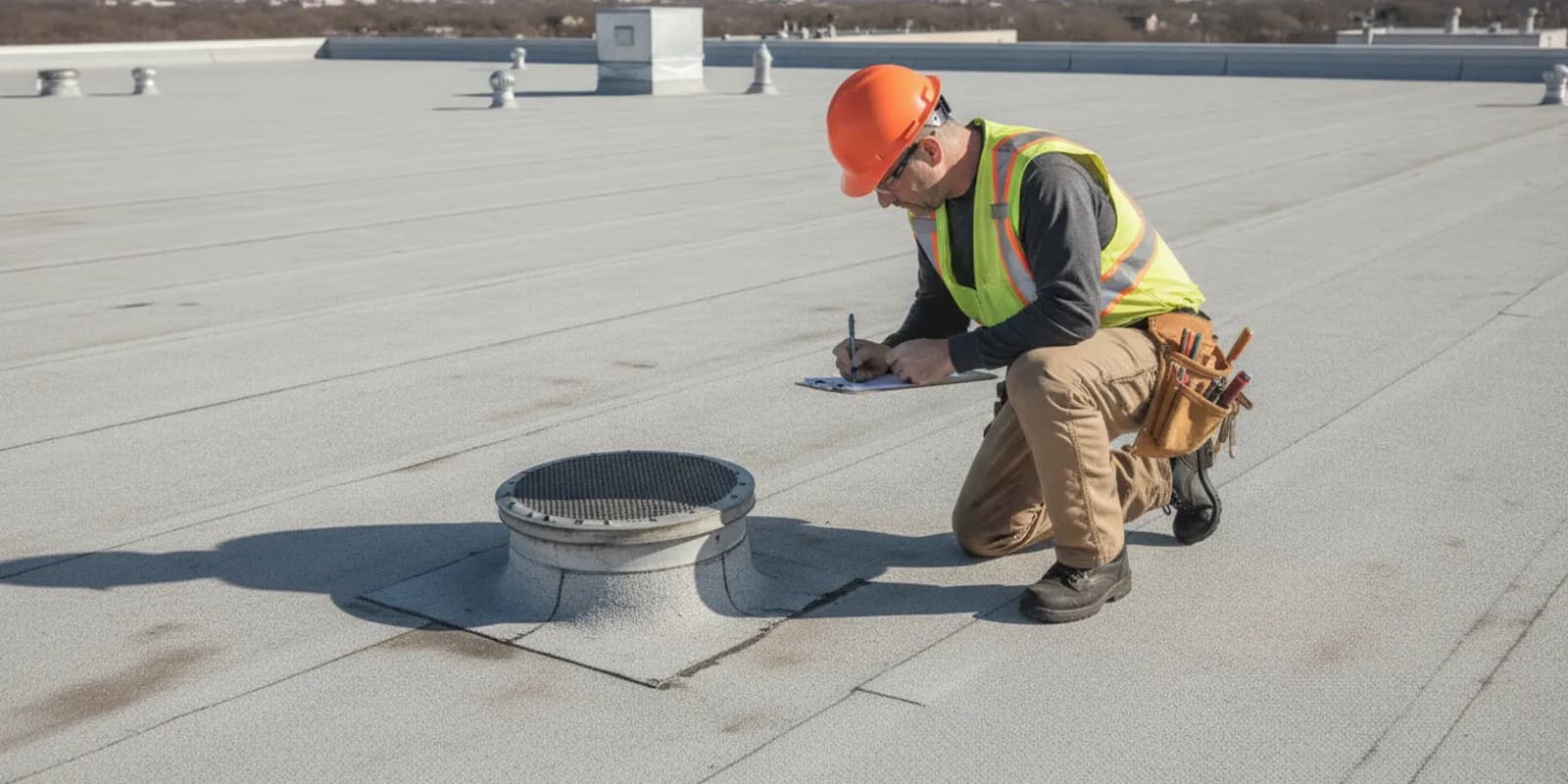 Roofing professional examining a low-slope commercial roof before a coating project