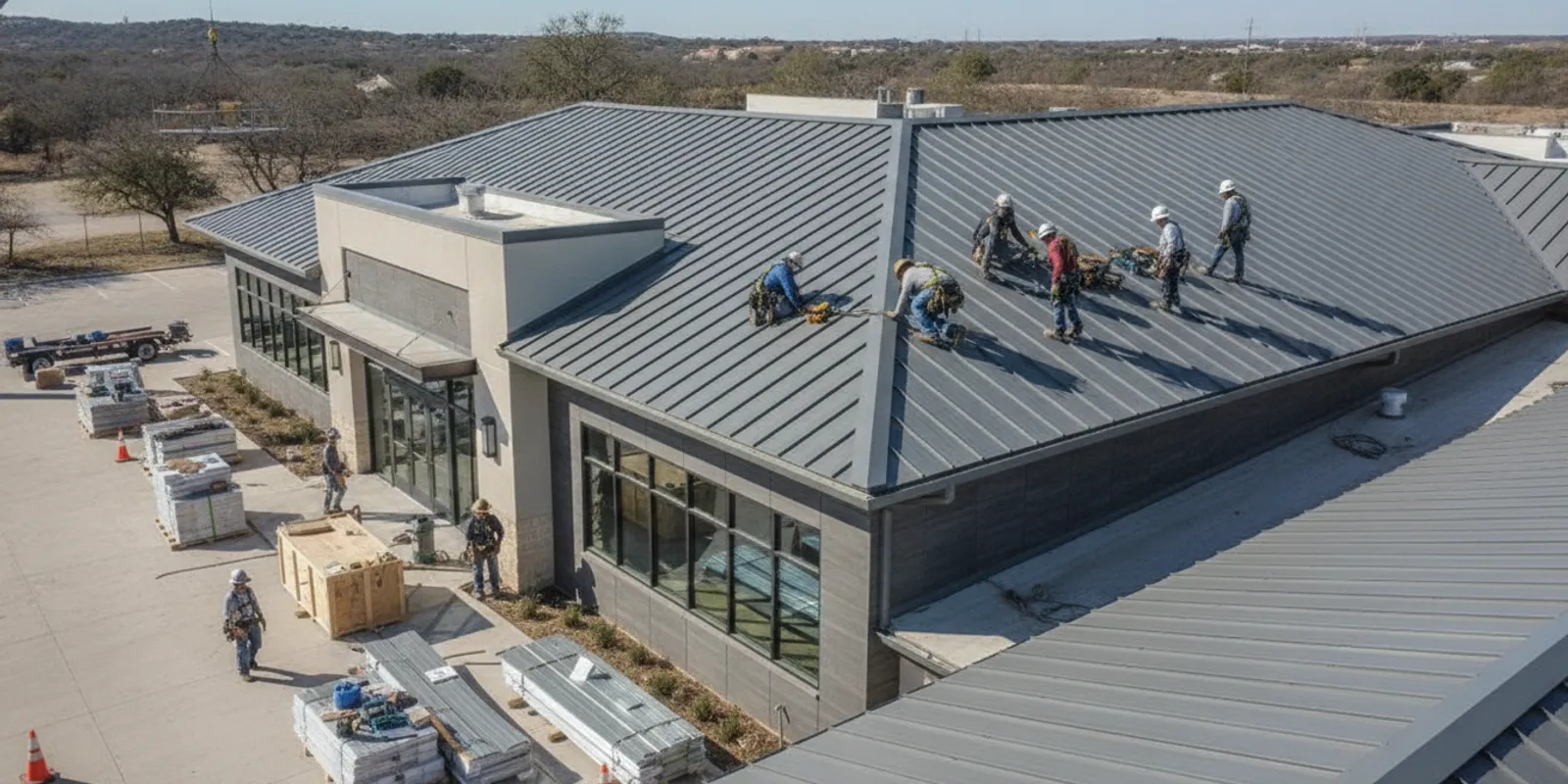 Commercial roofing crew installing a roof on a large Texas building