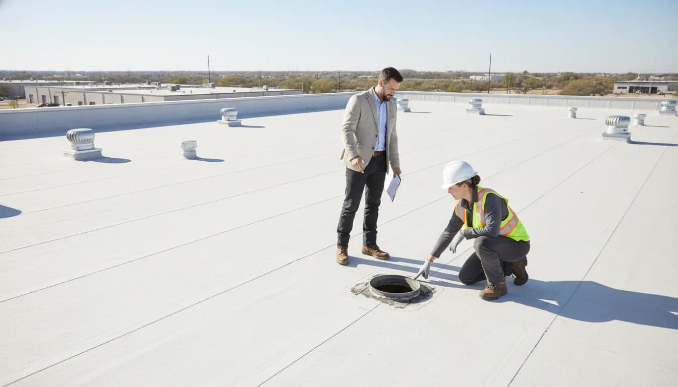 Commercial property owner and roofing professional review a low-slope roof