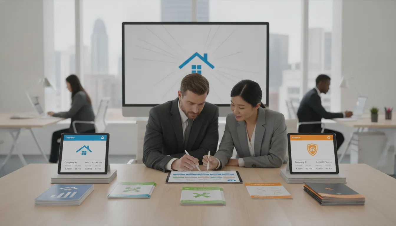 Two professionals compare roof replacement companies using tablets in an office.