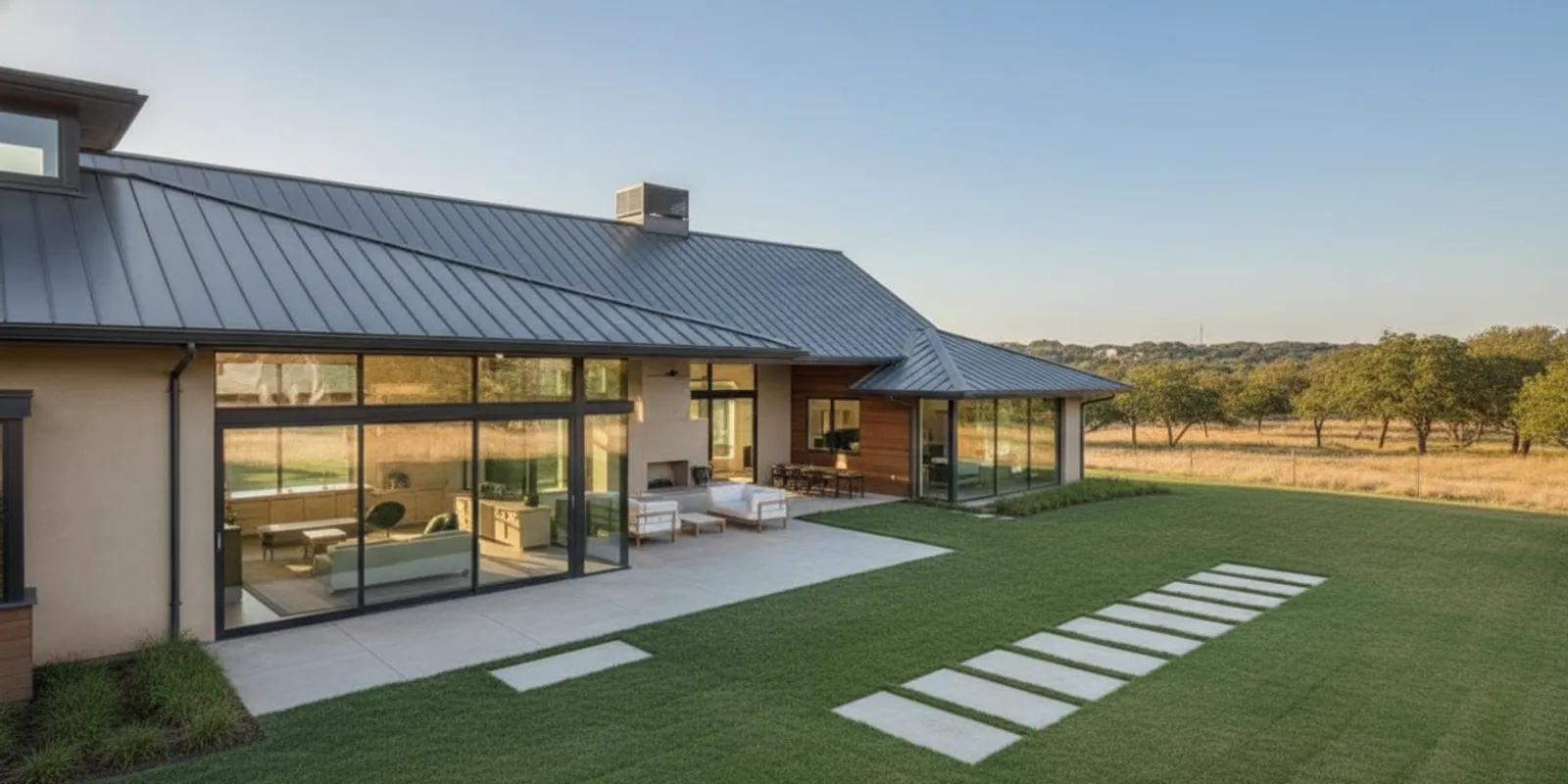 Metal roof on a Texas home under a clear sky