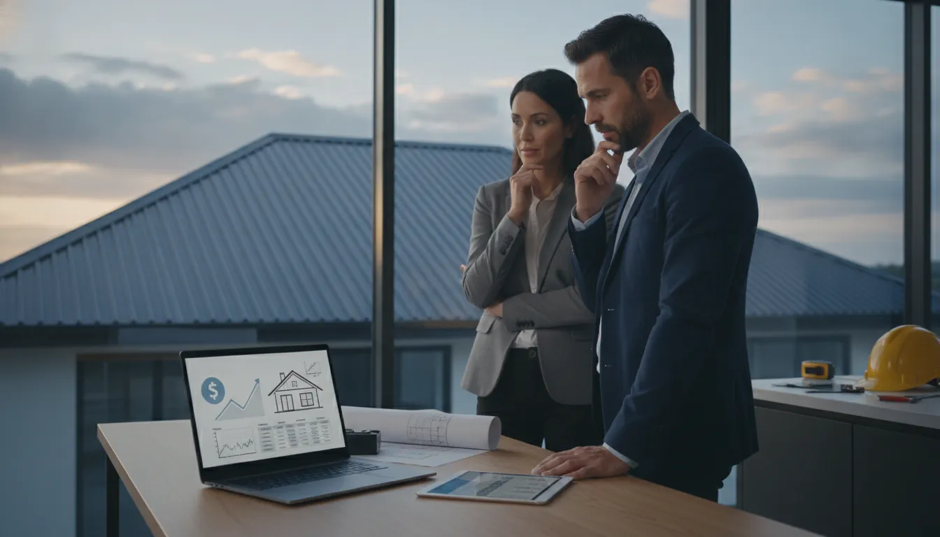 Business professionals review metal roof installation cost estimates on a laptop.