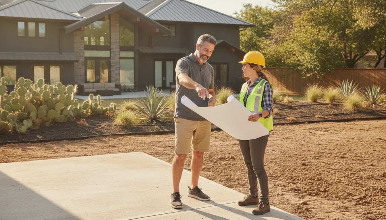 Homeowner and construction professional discuss a patio upgrade in a Texas backyard