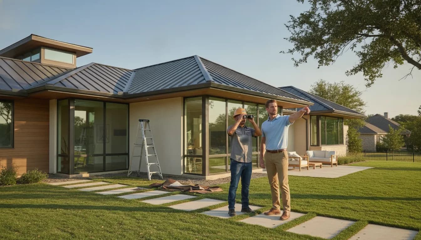 Roofer and Texas homeowner discuss a residential roof outside a home