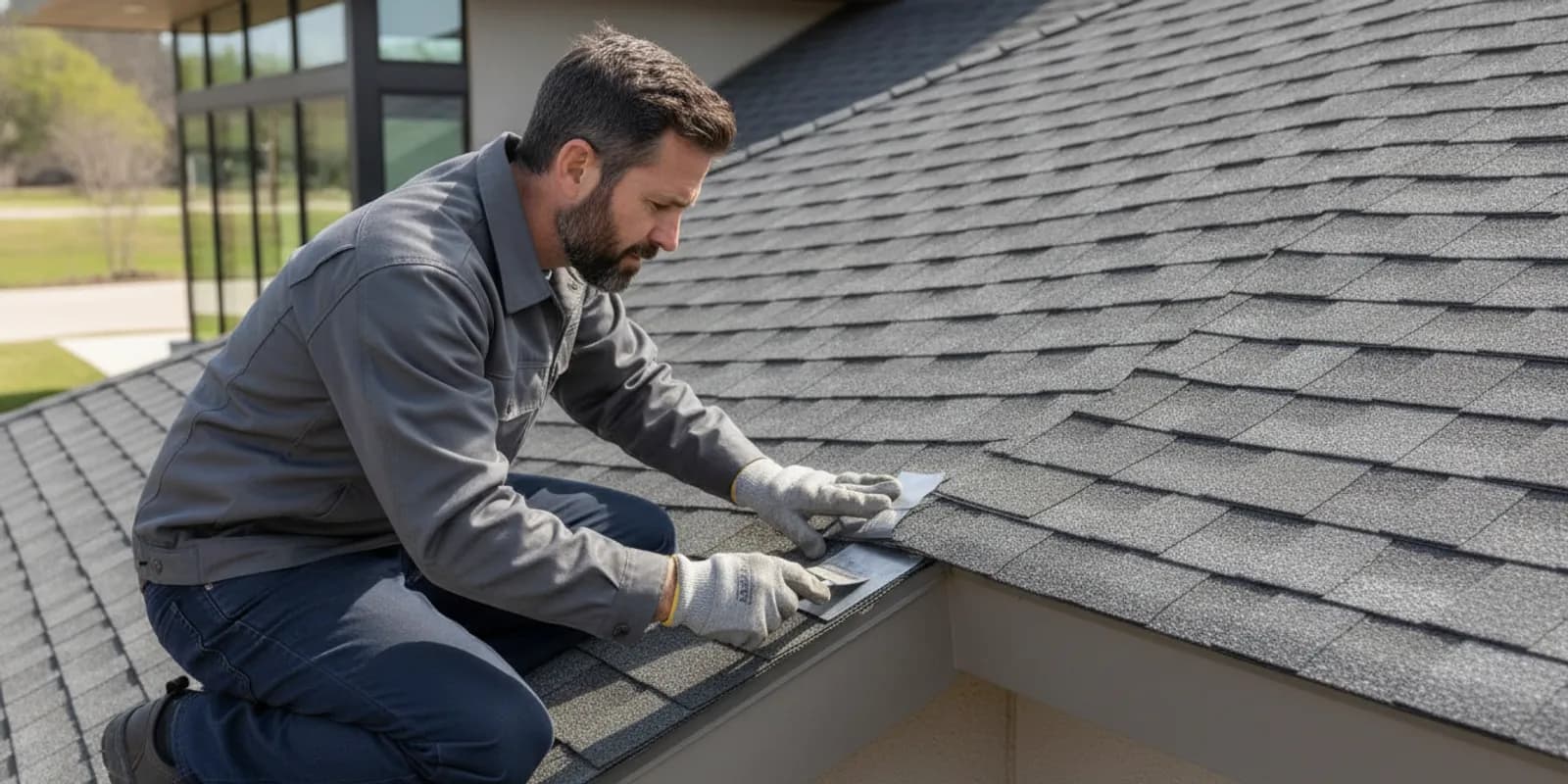 Roofing professional examining roof flashing where a roof meets a wall