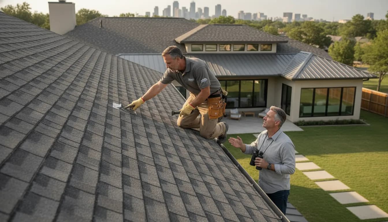 Roofing professional examining asphalt shingles while a property owner observes