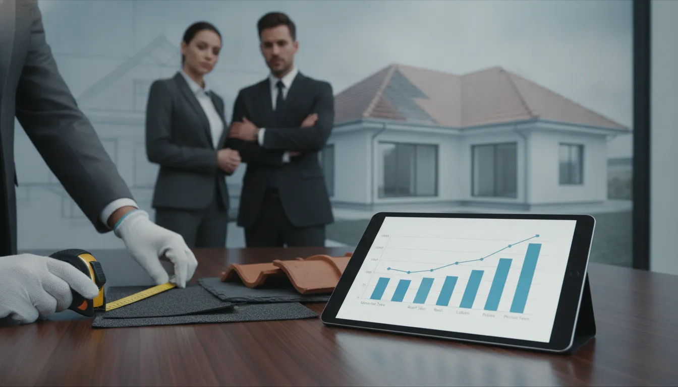 Roof replacement cost chart on a tablet as roofing professionals review an estimate.