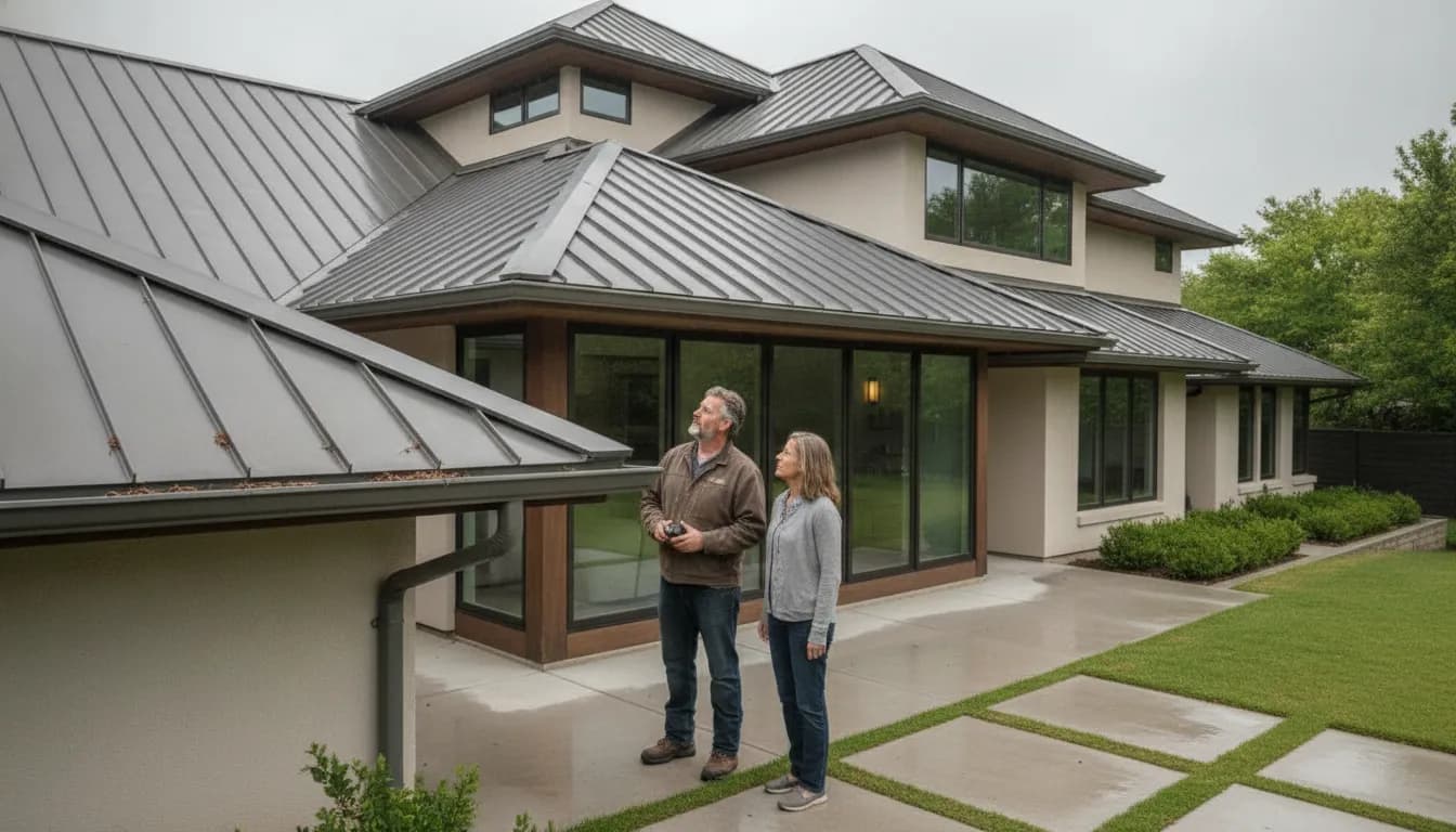 Texas homeowner and roofing professional review a roof from the ground after a storm