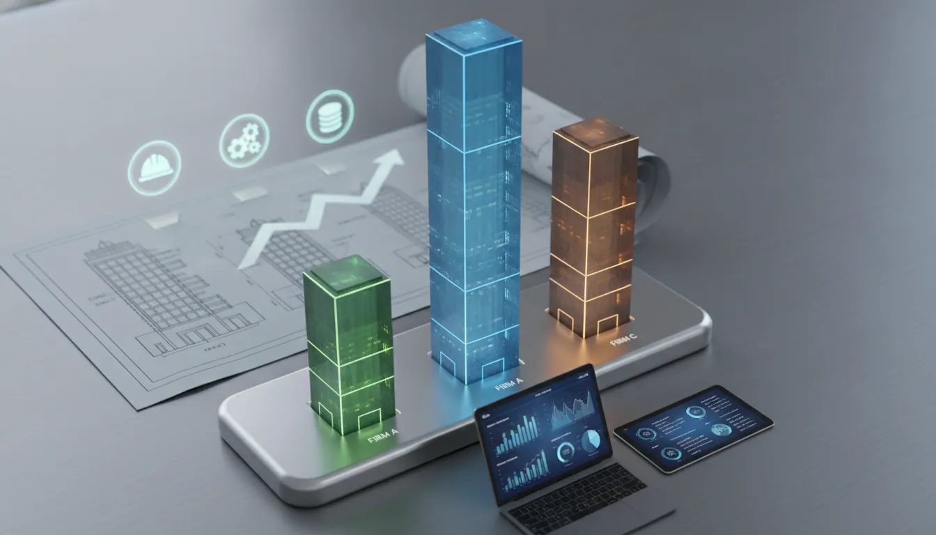 3D bar chart comparing top construction management firms on a laptop and tablet.