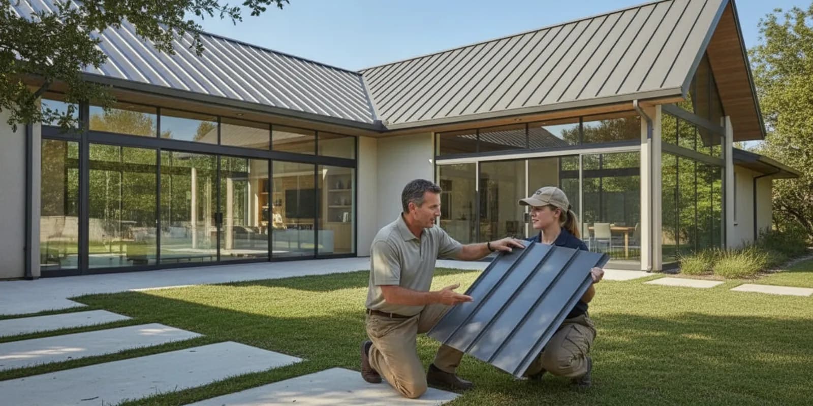 Metal roof panels being reviewed on a Texas home before a roofing project