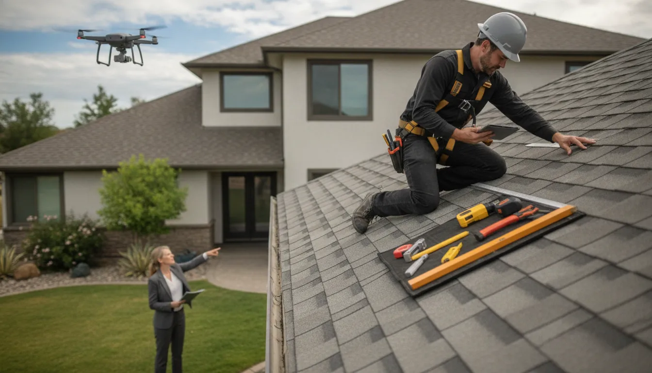 Roof inspector checks shingles with tools and tablet as a drone flies overhead and a homeowner watches.