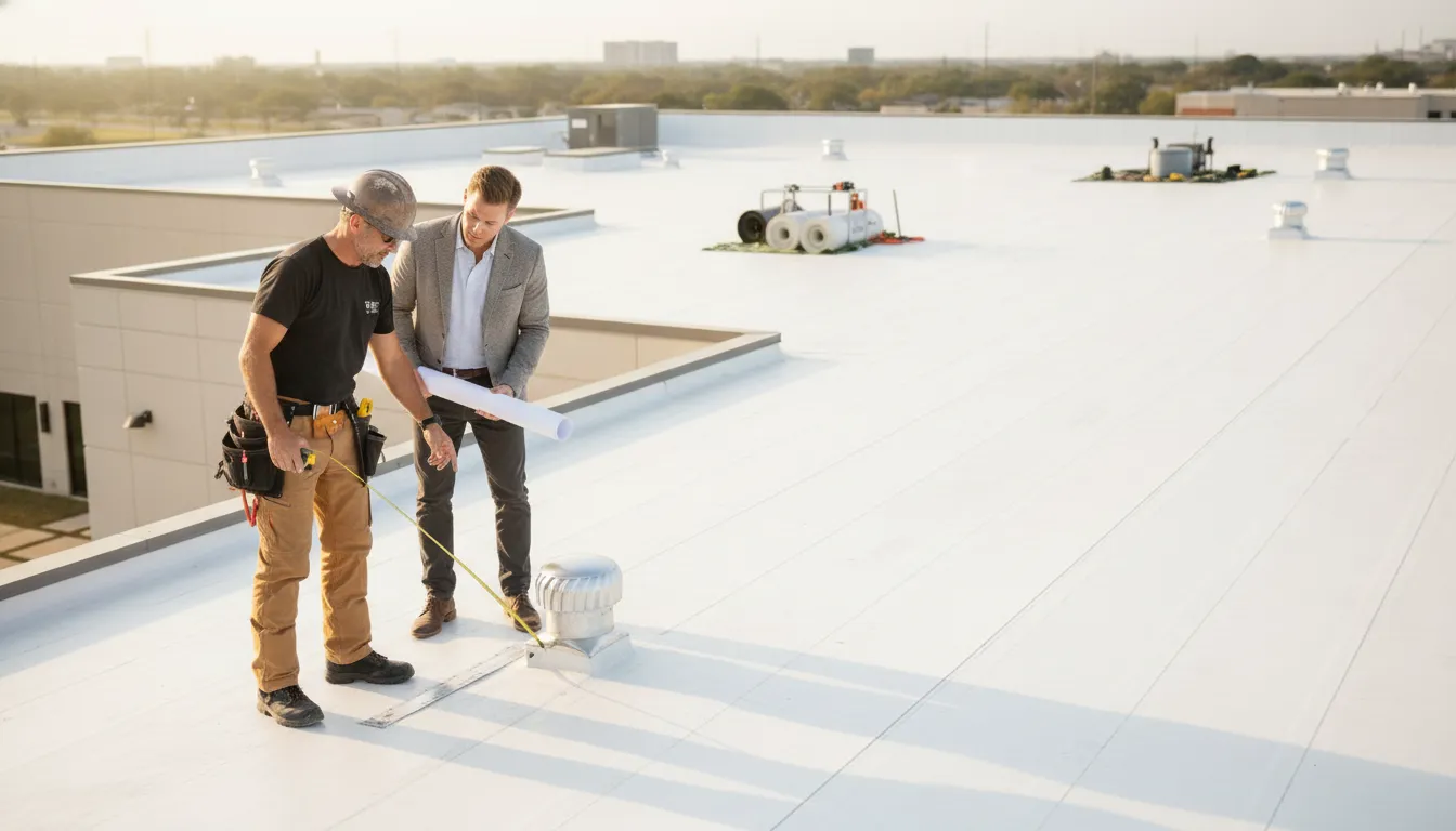Commercial roof membrane being reviewed by a roofing professional and building owner
