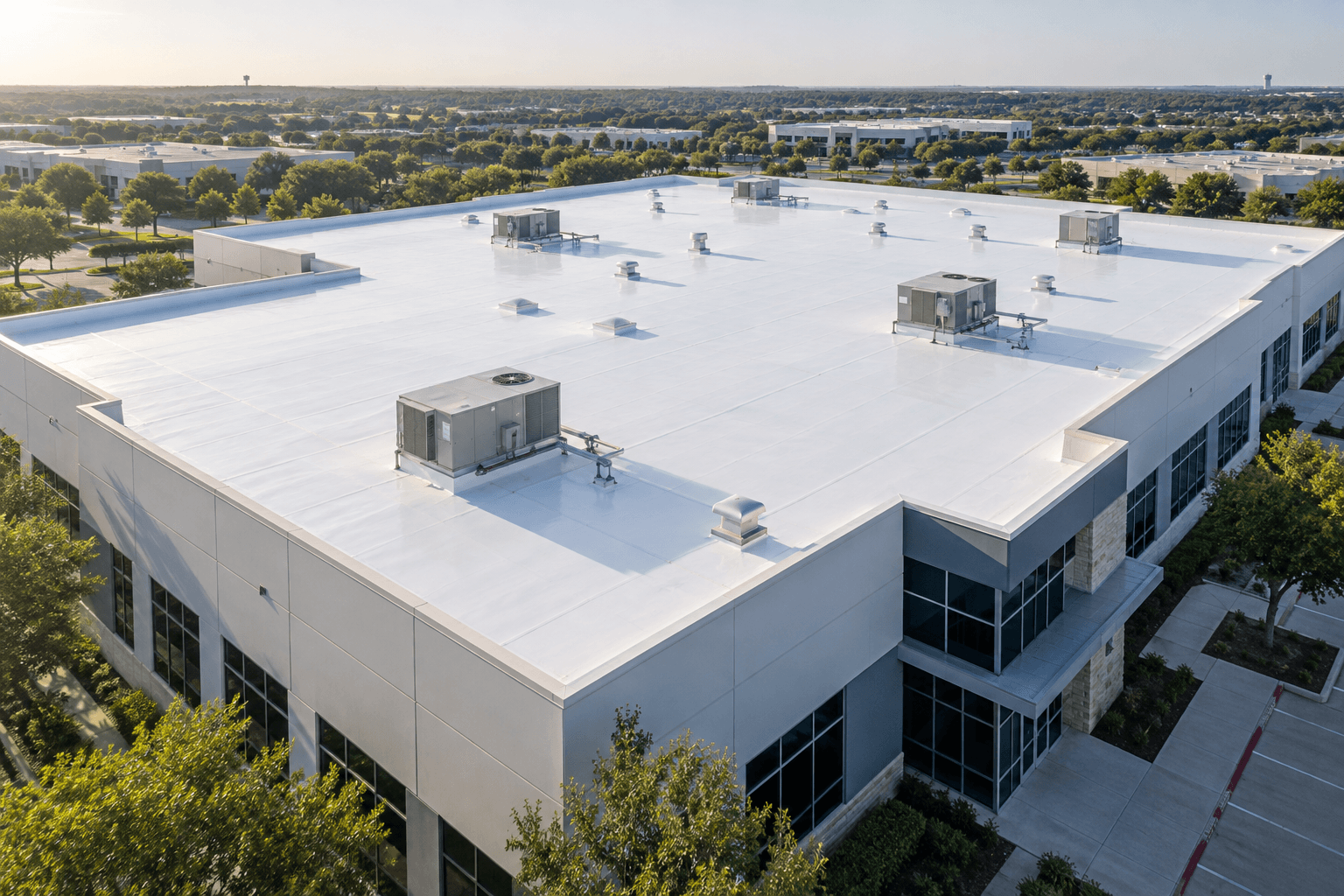 White TPO membrane roof on a commercial building
