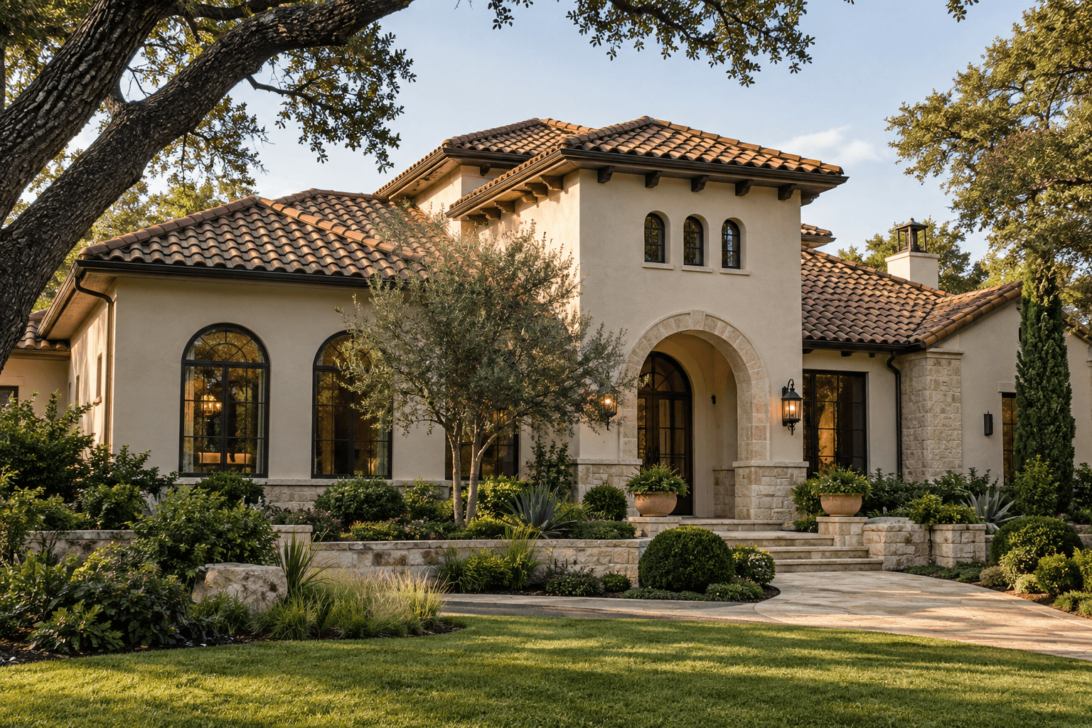 Home with a terracotta tile roof and intersecting roof planes