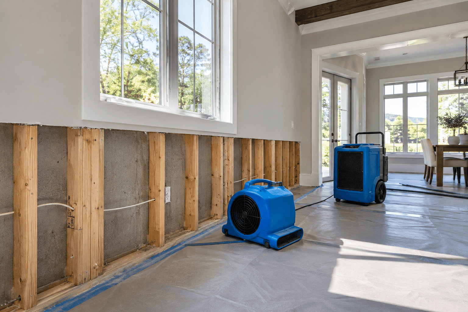 Drying equipment arranged inside a room during restoration