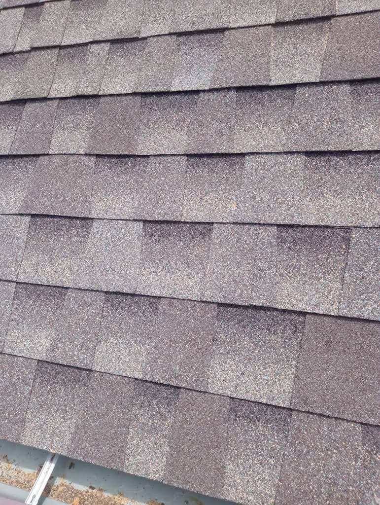 After repair: completed asphalt shingles on the same roof, photographed by Jacob Cobb